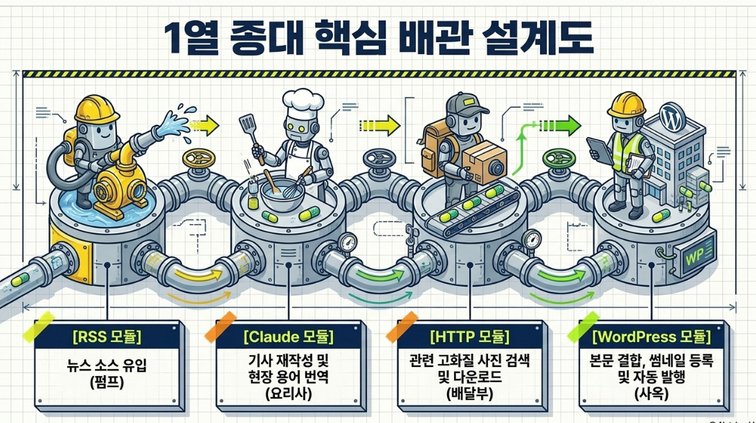 1열 종대 핵심 배관 설계도 — RSS 모듈 Claude 모듈 HTTP 모듈 WordPress 모듈 4단계 자동화