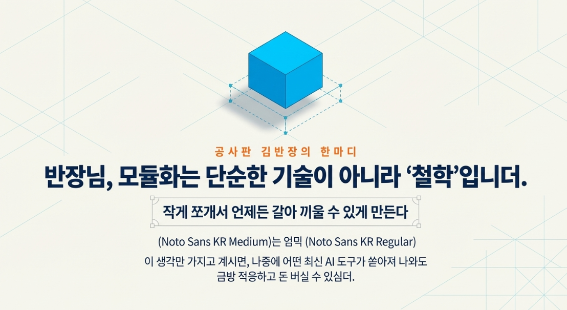 공사판 김반장의 한마디 — 모듈화는 단순한 기술이 아니라 철학입니다 작게 쪼개서 언제든 갈아 끼울 수 있게 만든다