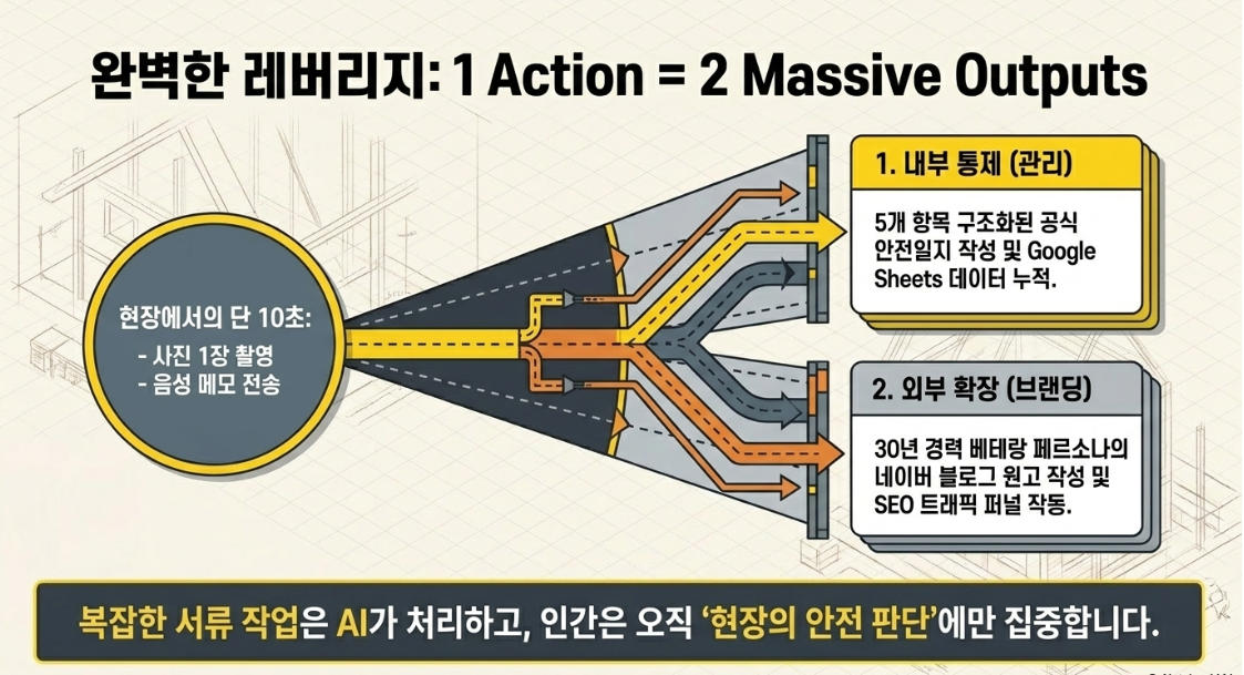 완벽한 레버리지 1 Action 2 Massive Outputs — 현장 10초 사진+음성이 공식안전일지와 네이버블로그 원고로 동시 생성