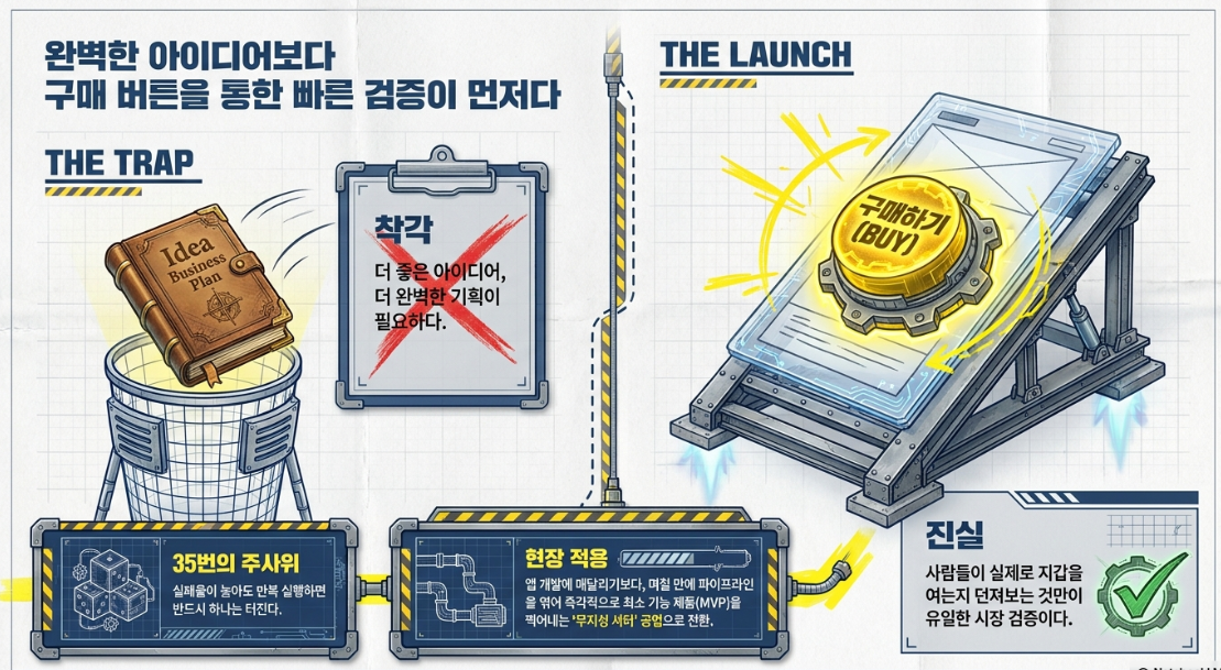 완벽한 아이디어보다 구매 버튼을 통한 빠른 검증이 먼저다 — THE TRAP vs THE LAUNCH