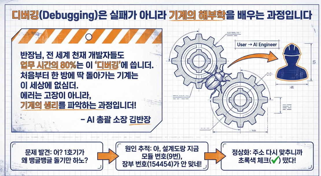 디버깅은 실패가 아니라 기계의 해부학을 배우는 과정입니다 — 문제발견 원인추적 정상화 3단계 AI 총괄 소장 김반장