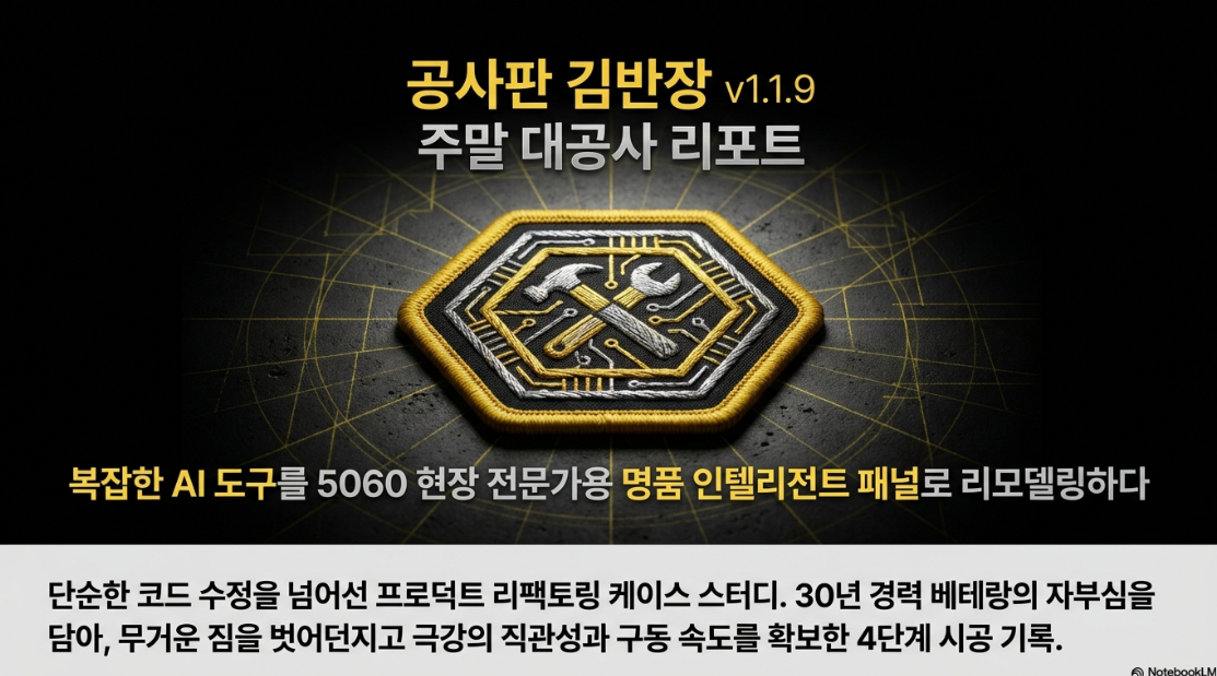 공사판 김반장 v1.1.9 주말 대공사 리포트 — 복잡한 AI 도구를 5060 현장 전문가용 명품 인텔리전트 패널로 리모델링