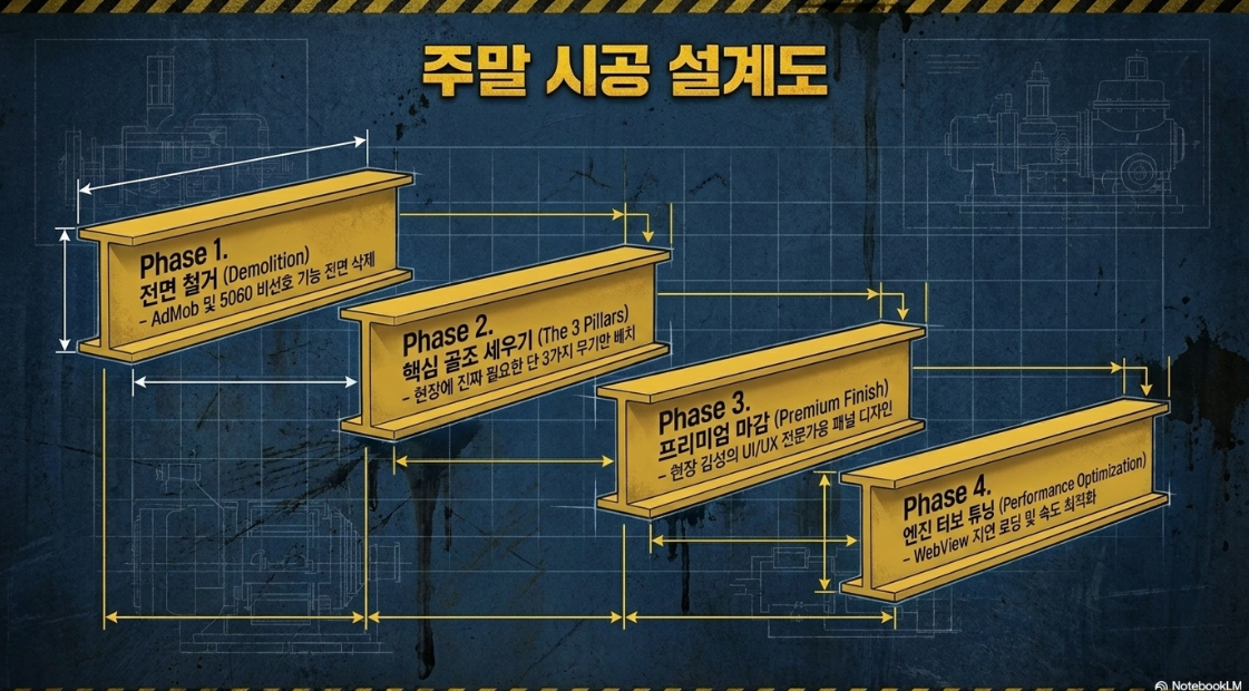 주말 시공 설계도 Phase 1 전면철거 Phase 2 핵심골조 Phase 3 프리미엄마감 Phase 4 엔진터보튜닝 4단계 리모델링