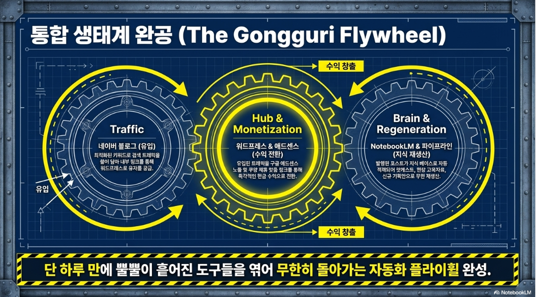 통합 생태계 완공 The Gongguri Flywheel — Traffic 네이버블로그 Hub Monetization 워드프레스 애드센스 Brain Regeneration NotebookLM 파이프라인 3개 톱니바퀴