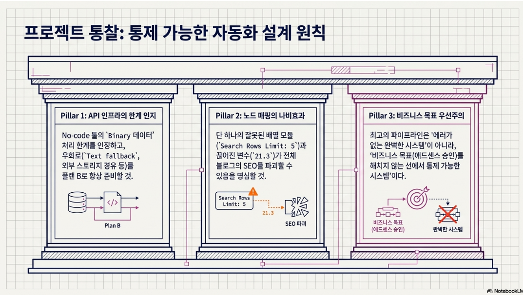 완벽한 자동화가 구글 순위를 깎아먹었다 — 중복 발행 사고와 파이프라인 전면 동결, 30년 현장 소장의 뼈아픈 트러블슈팅 실화라카이 프로젝트 통찰 통제 가능한 자동화 설계 3원칙 — API 인프라 한계 인지 노드 매핑 나비효과 비즈니스 목표 우선주의