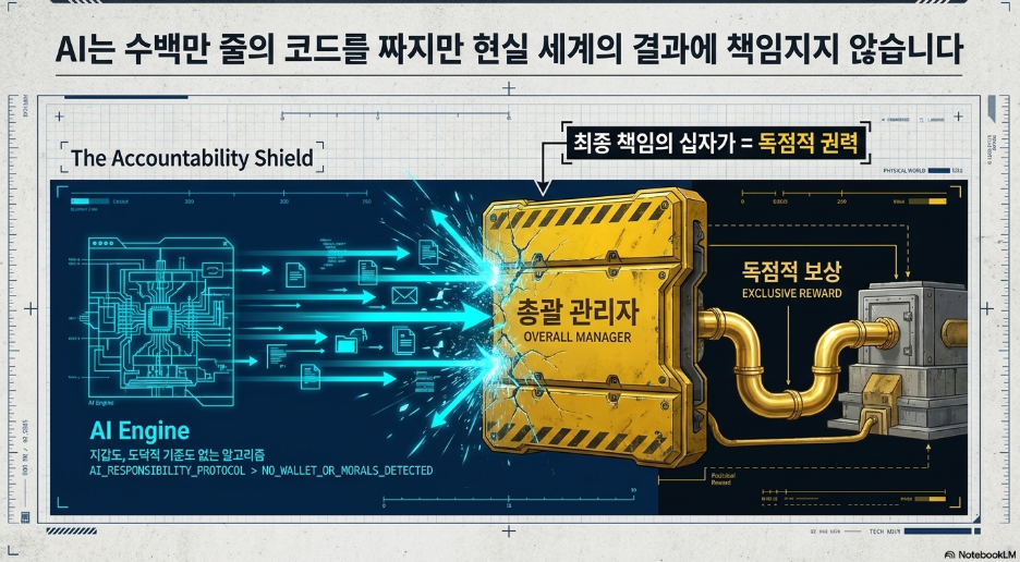 AI는 책임을 못 진다 총괄 관리자가 독점적 보상 — AI Engine 지갑도 도덕도 없는 알고리즘 vs 총괄관리자 독점적 보상 Accountability Shield