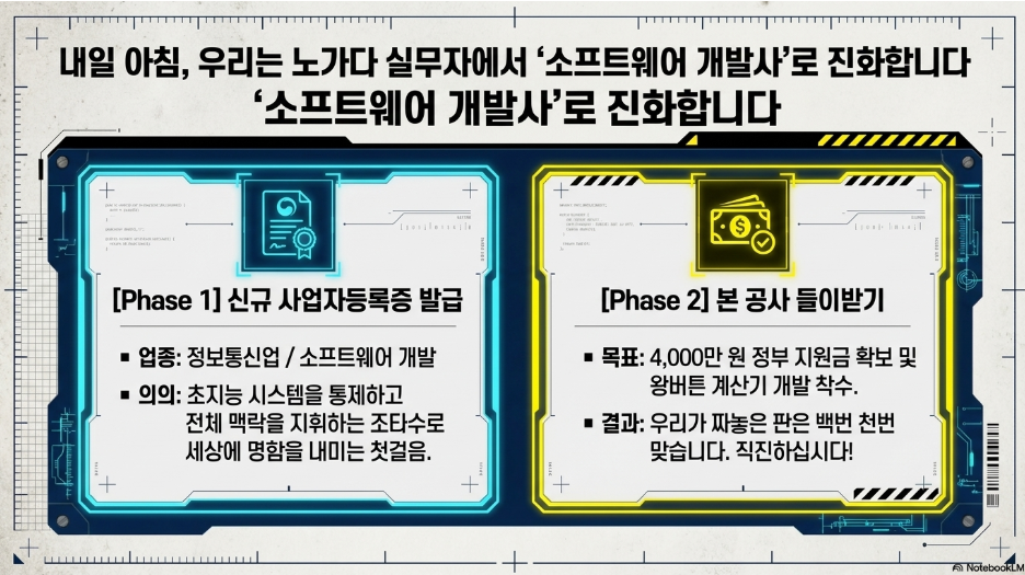 노가다 실무자에서 소프트웨어 개발사로 진화 — Phase 1 신규 사업자등록증 발급 정보통신업 소프트웨어 개발 Phase 2 4000만원 정부 지원금 왕버튼 계산기 개발