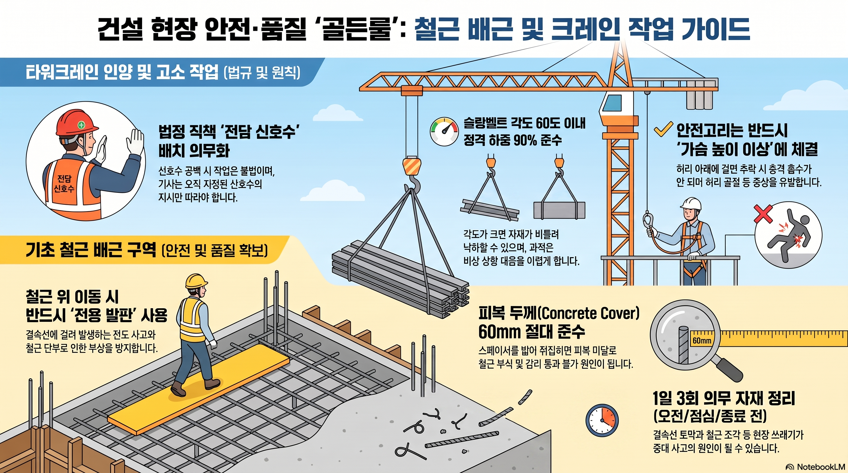 철근 위 무단보행, 안전사고보다 무서운 건 피복 두께 붕괴입니다 건설 현장 안전 품질 철근 배근 크레인 작업 가이드 인포그래픽