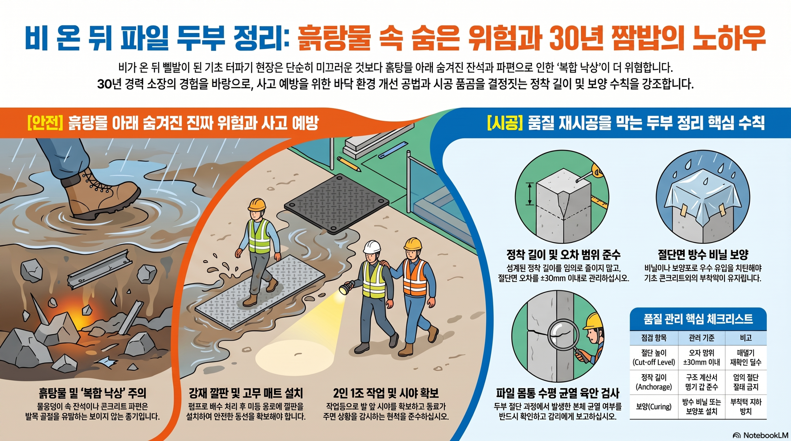 비 온 뒤 뻘밭 기초 현장, 진짜 위험은 미끄럼이 아닙니다 비온뒤 파일 두부 정리 가이드