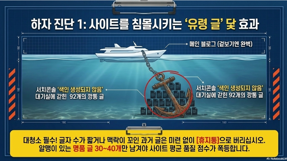 애드센스 무한 탈락을 탈출하는 현장 시방서 — 구글 봇의 논리로 블로그를 전면 리모델링한 30년 소장의 4단계 분투기라카이 하자 진단 1 사이트를 침몰시키는 유령 글 닻 효과 — 서치콘솔 색인 생성되지 않음 대기실에 갇힌 92개 깡통 글 사이트 평균 점수 최하