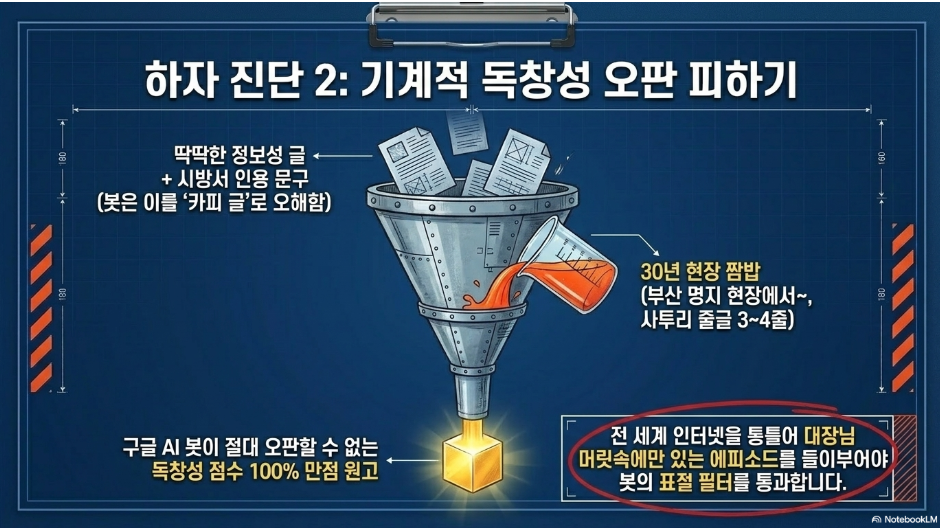 애드센스 무한 탈락을 탈출하는 현장 시방서 — 구글 봇의 논리로 블로그를 전면 리모델링한 30년 소장의 4단계 분투기라카이 하자 진단 2 기계적 독창성 오판 피하기 — 30년 현장 짬밥 사투리 경험담 3~4줄로 구글 AI 봇 표절 필터 통과 독창성 점수 100% 만점 원고