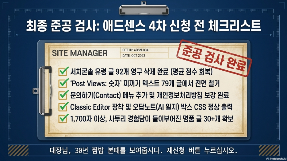 애드센스 무한 탈락을 탈출하는 현장 시방서 — 구글 봇의 논리로 블로그를 전면 리모델링한 30년 소장의 4단계 분투기라카이 최종 준공 검사 애드센스 4차 신청 전 체크리스트 완료 — 유령 글 92개 삭제 찌꺼기 텍스트 철거 Contact 페이지 추가 Classic Editor 장착 명품 글 30개 확보