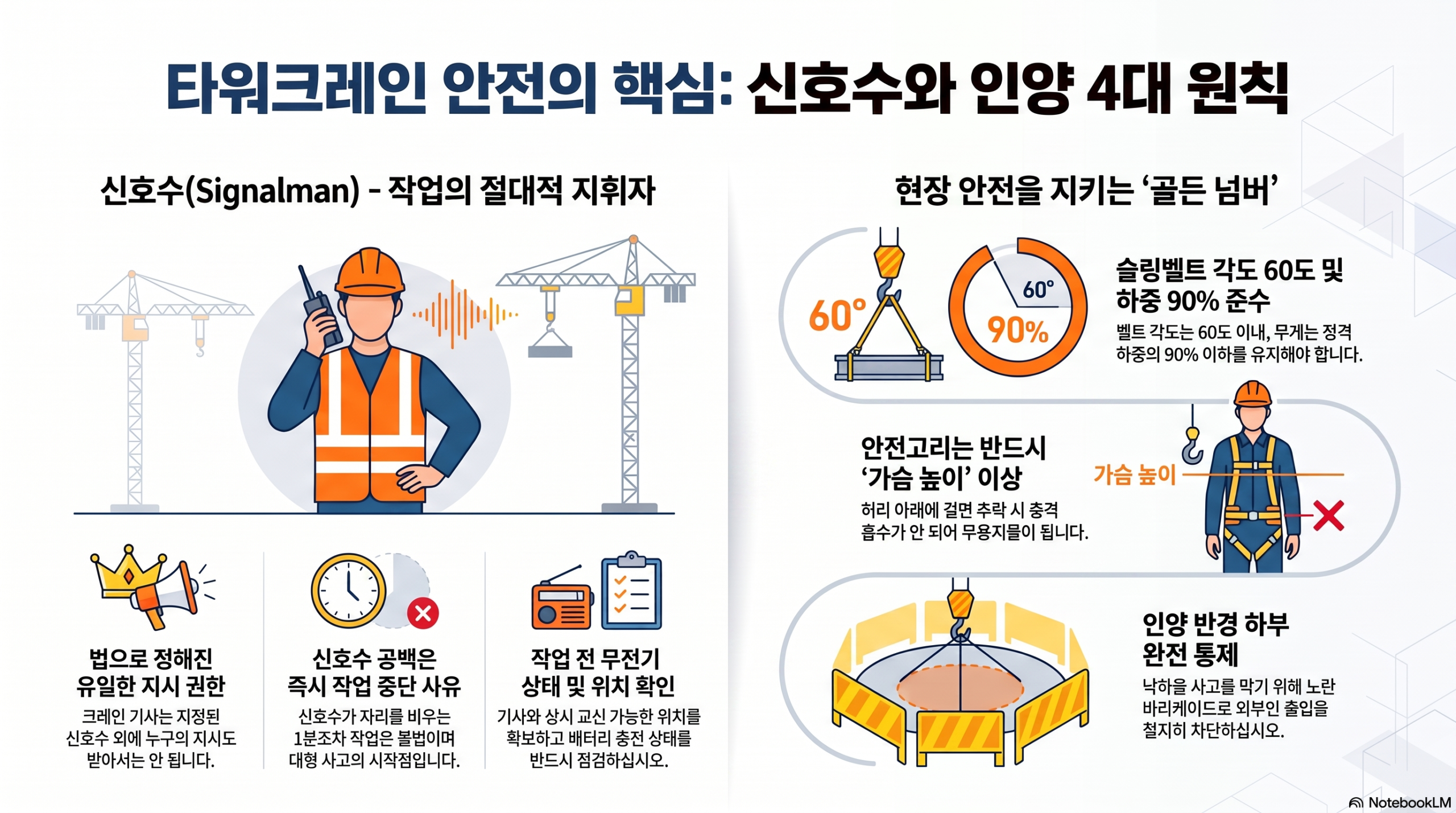 신호수, "말 잘 들어라"가 아니라 법정 직책입니다 — AI가 놓친 핵심 타워크레인 안전 핵심 신호수와 인양 4대 원칙 인포그래픽