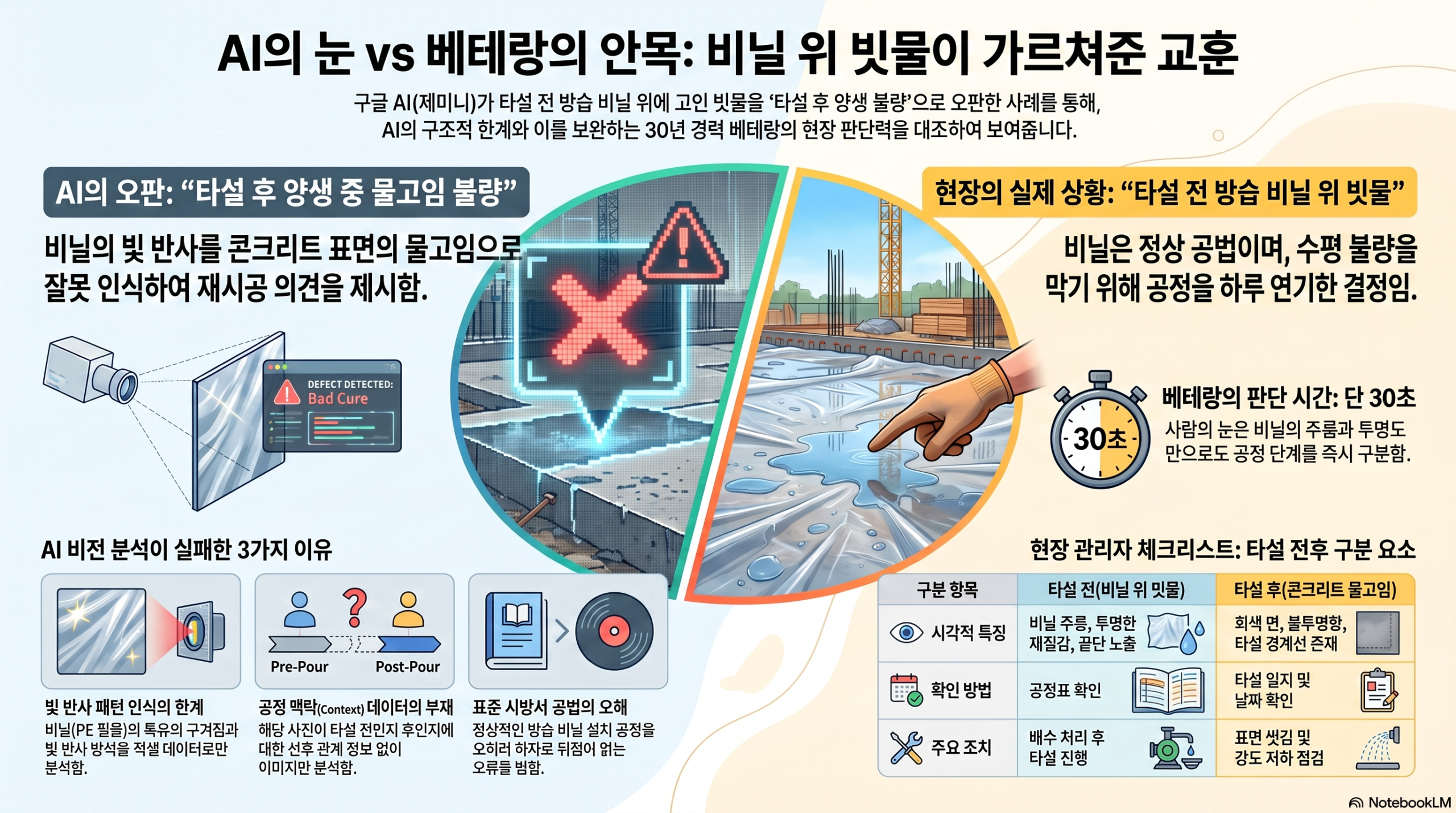 비닐 위에 빗물이 고인 사진 한 장, 제미나이가 "타설 후 물고임 불량"이라고 오판했다 ai와 베테랑의 안목 차이