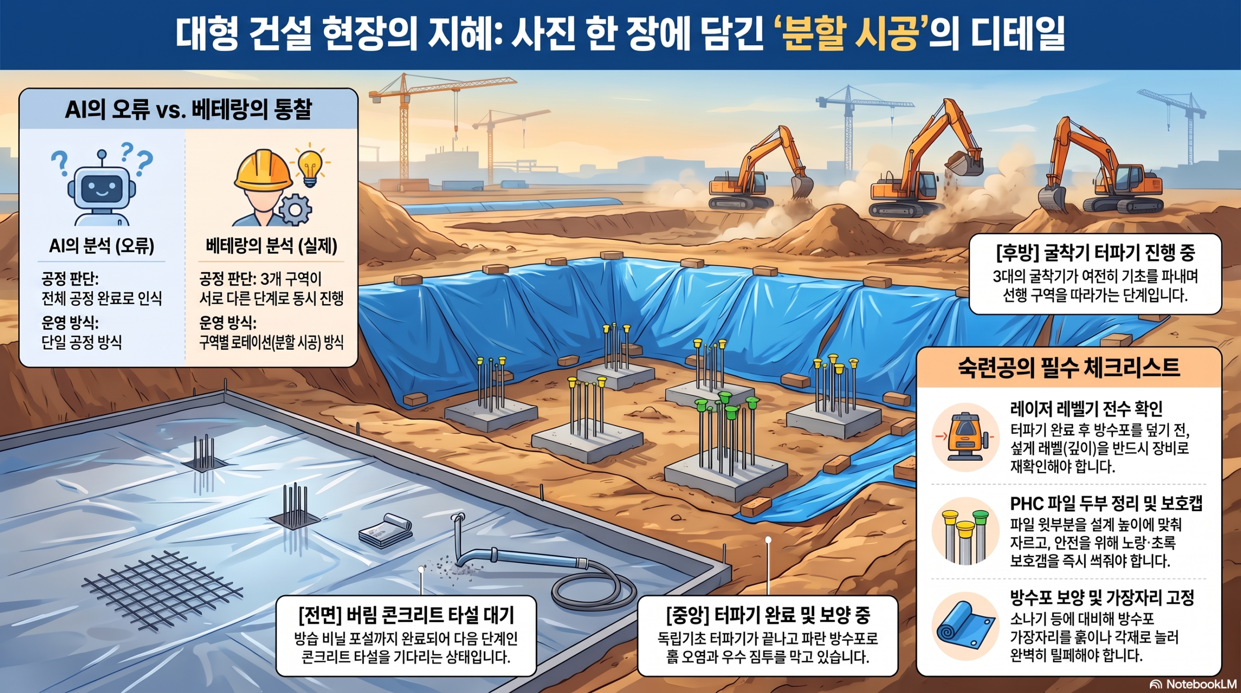 사진 한 장 안에 세 구역이 동시에 다른 공정으로 돌아가는 날, AI는 전부 완료라고 뭉뚱그렸다 건설 현장 분할 시공 디테일