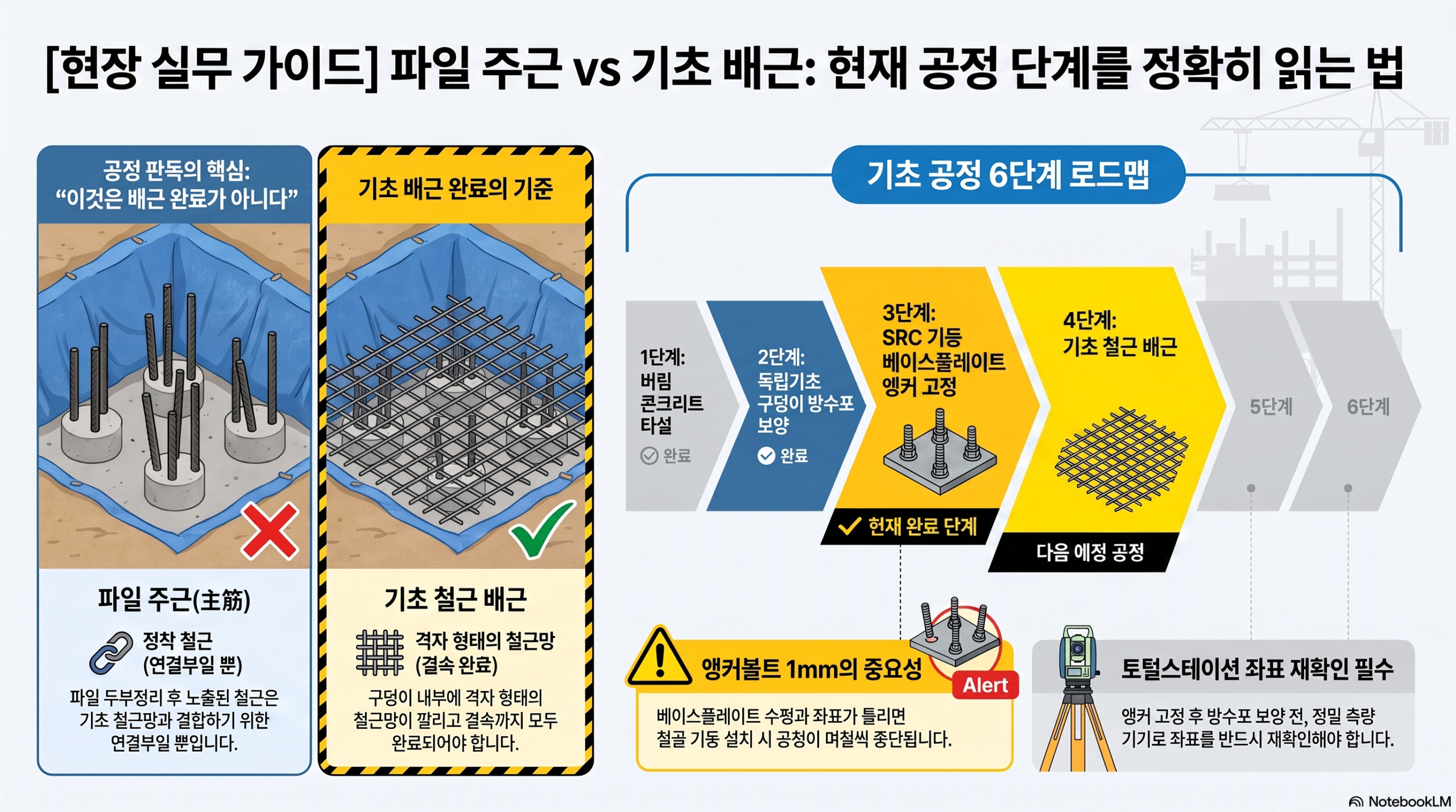 독립기초 현장, AI는 PHC 파일 주근을 철근 배근 완료로 오독했다 기초 공정 단계 판독 가이드