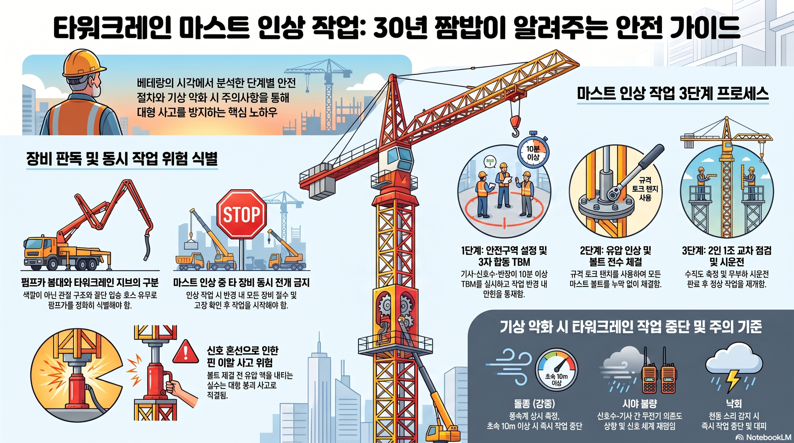 타워크레인 마스트 인상 중 펌프카 붐대 동시 전개, AI는 색깔만 보고 장비를 오독했다 타워크레인 마스트 인상 안전 가이드