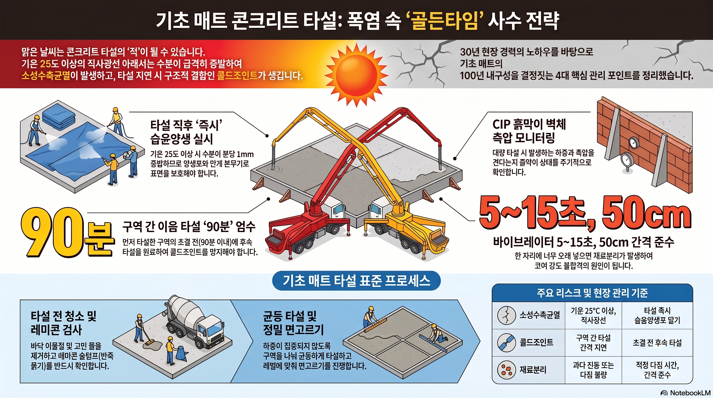 쨍쨍한 직사광선 아래 펌프카 두 대 붐대 교차, AI는 소성수축균열 위험을 놓쳤다 폭염기 기초 콘크리트 타설 전략 및 소성수축균열 예방 인포그래픽
