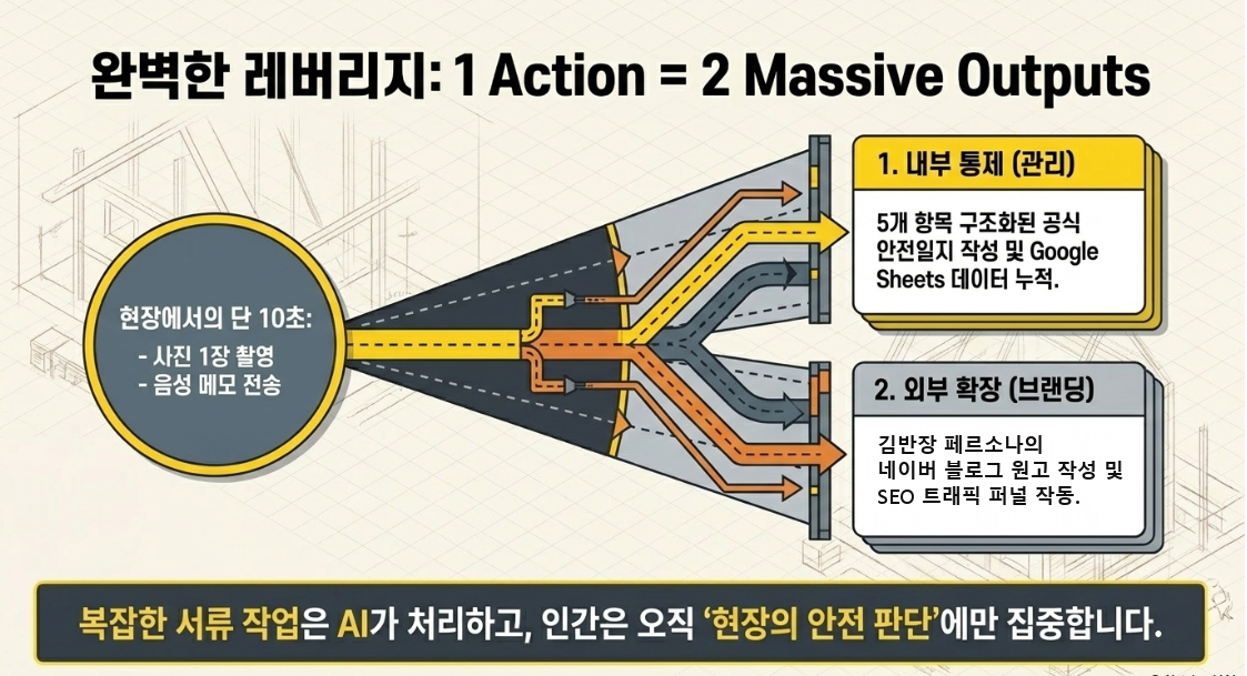 완벽한 레버리지 1 Action 2 Massive Outputs — 현장 10초 사진+음성이 공식안전일지와 네이버블로그 원고로 동시 생성